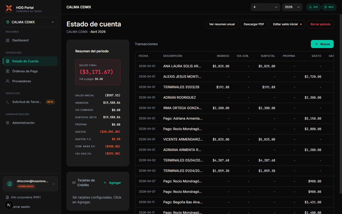 Captura del portal: Estado de cuenta