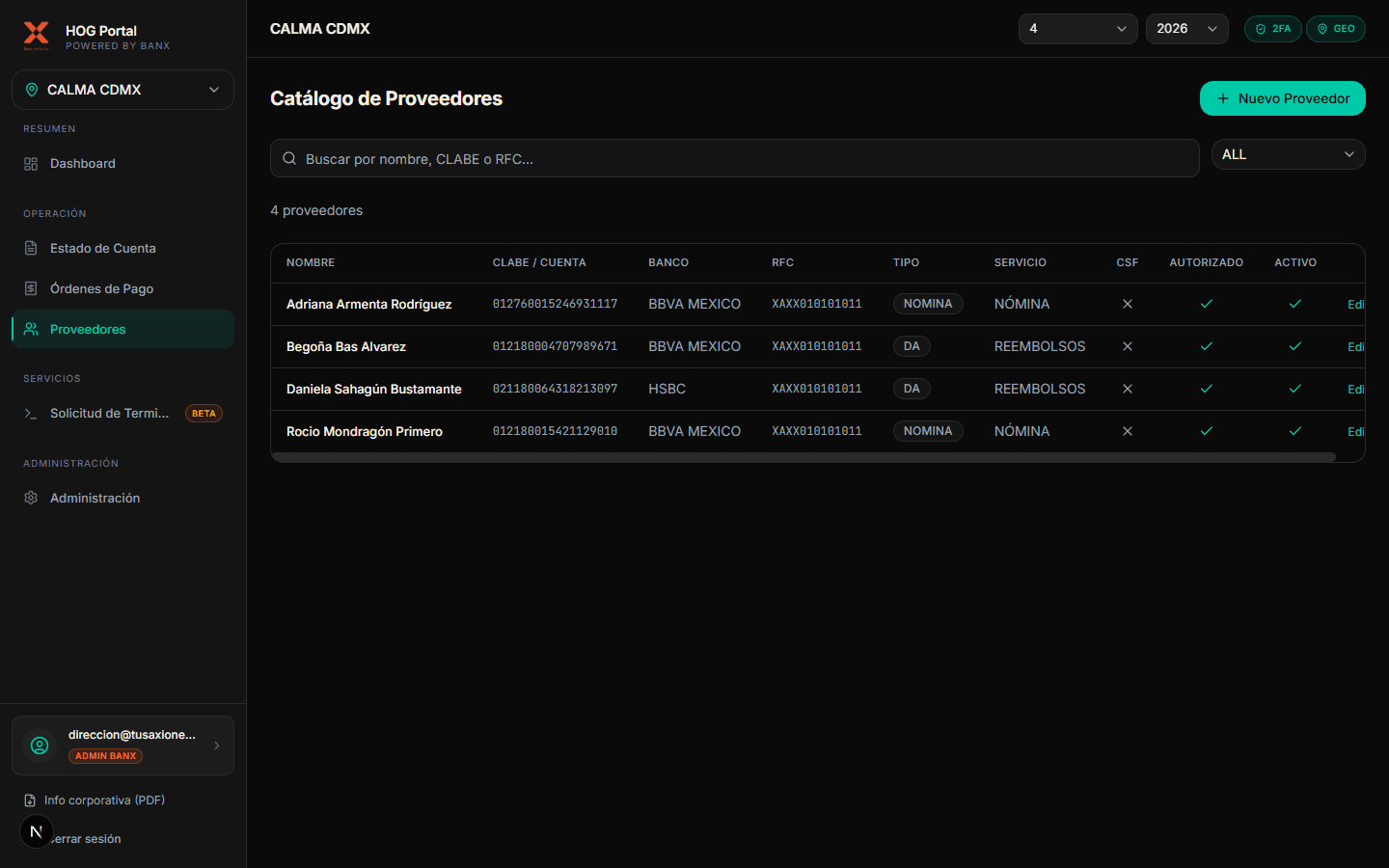 Captura del portal: Proveedores
