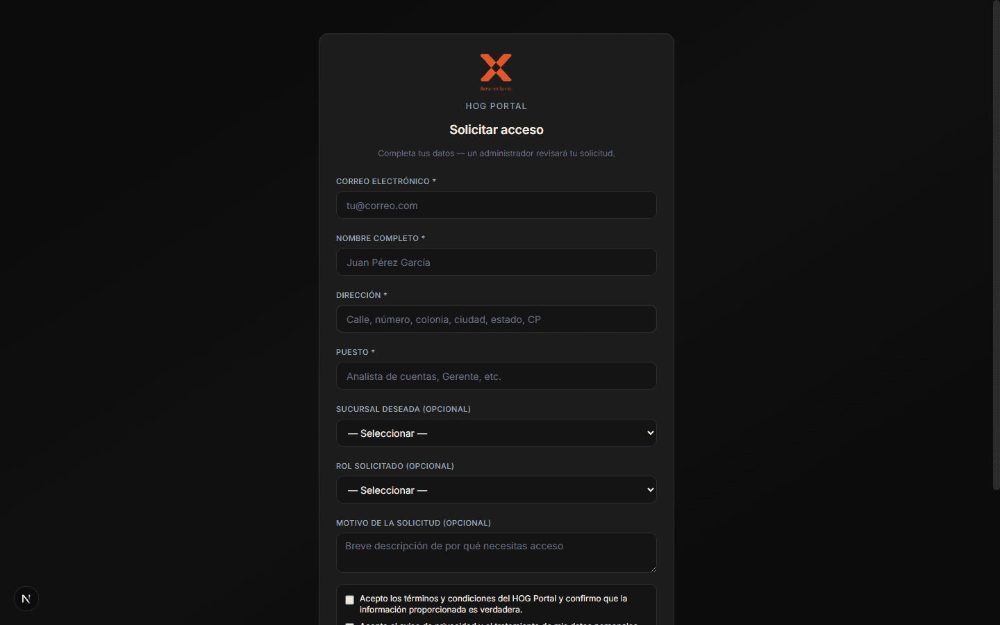 Pantalla del portal: Paso 1 — Pide acceso