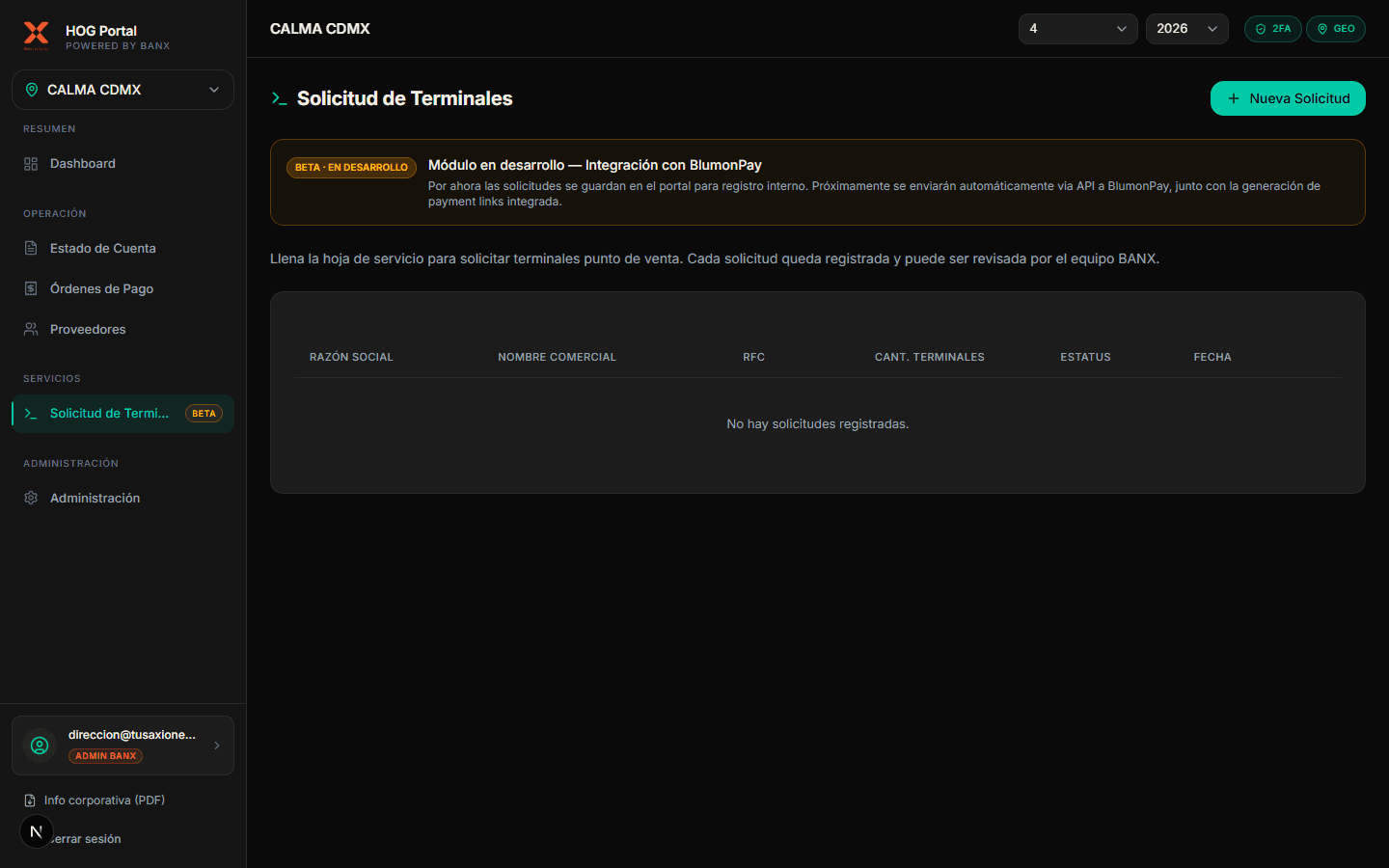 Captura del portal: Solicitud de terminales